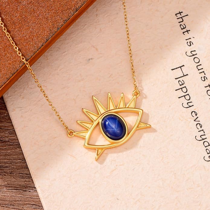Evil Eye Necklace for Women Star Sapphire Evil Eye Jewelry Pendant with 18+2 Inch Silver Chain Women's Protection Pendant Necklace