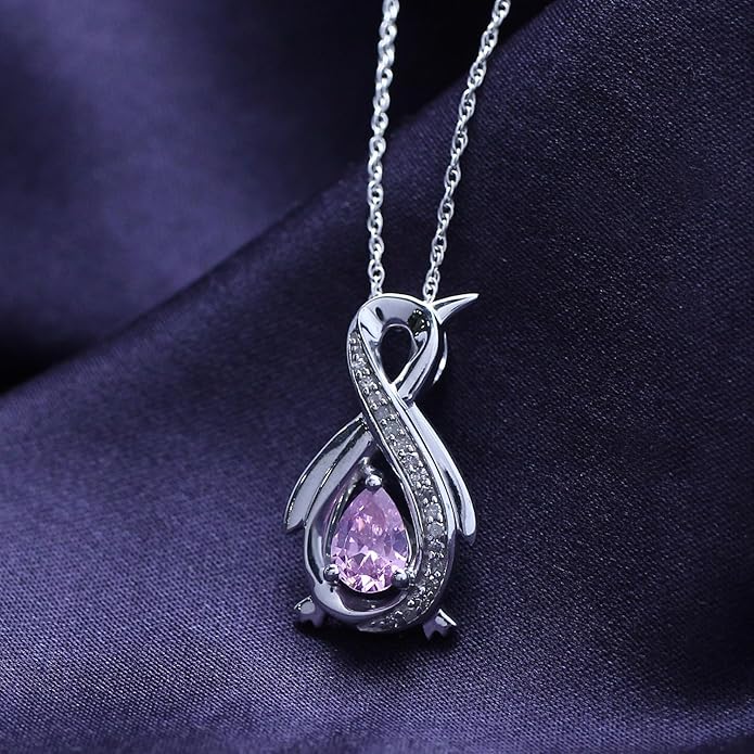 Infinity Penguin Pendant Necklace for Women, 14K Gold Over Sterling Silver with Pear & Round Cut Simulated Birthstone & White Diamond Accents, Dainty Animal Jewelry Gift with 18" Chain