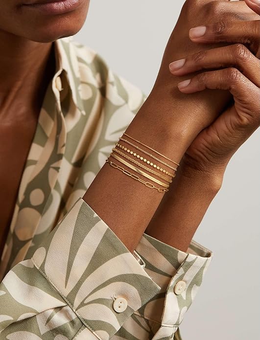 DEARMAY Waterproof Gold Plated Bracelets Set for Women Trendy, Dainty 14K Gold Jewelry Fashion Stackable Tennis Beaded Figaro Herringbone Paperclip Link Bracelet Pack Stack Gifts for Women