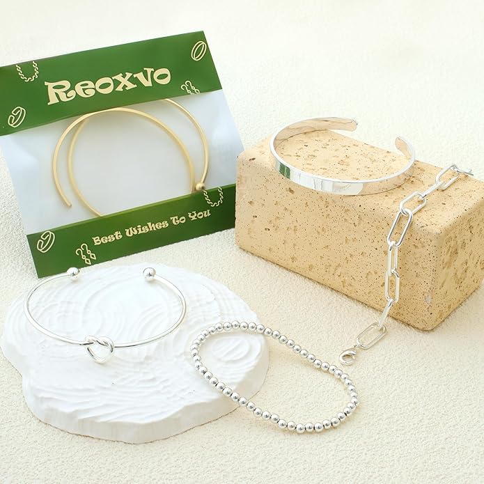 Reoxvo Gold Plated Bangle Cuff Bracelets for Women Non Tarnish Gold Bracelet Stack Jewelry Set for Women Trendy