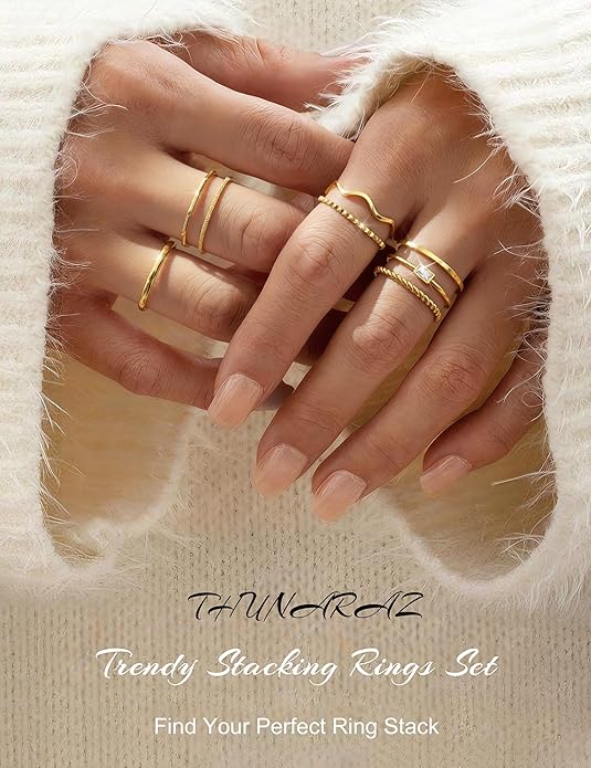 THUNARAZ 8Pcs Stackable Rings for Women Non Tarnish 14K Gold Plated Stainless Steel Dainty Rings Set Minimalist Thin Thumb Ring Cubic Zirconia Wave Statement Ring Bands for Women Size 5-10