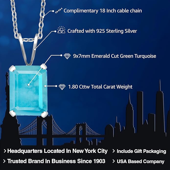 Gem Stone King Emerald Cut Pendant Necklace For Women | 925 Sterling Silver | Emerald Cut 9X7MM | Gemstone Birthstone | Fine Jewelry for Her Mom Wife | With 18 Inch Silver Chain