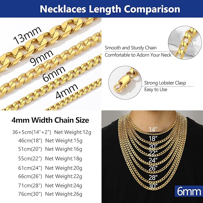 PROSTEEL 316L Stainless Steel Cuban Link Chain Necklaces for Men, Black/18K Gold Plated, Hypoallergenic Jewelry, 4mm-13mm, 14"-30", Come with Box