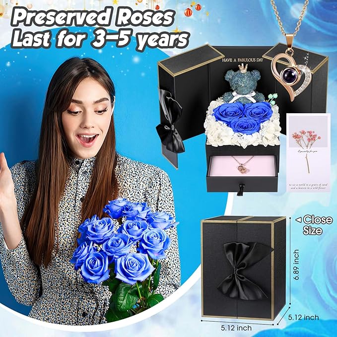ADDWel Rose Gifts for Women - Preserved Real Roses Forever Blue Flowers with I Love You in 100 Languages Necklace and Cute Moss Bear for Girlfriend Wife Mom Grandma on Birthdays, Anniversaries