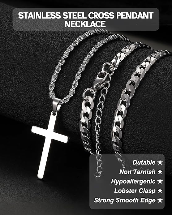 TEN MIRO Silver/Black Cross Necklace for Men Boy Stainless Steel Cross Pendant Necklace for Men Christian Religious Jewelry with Box & Card Birthday Anniversary Christmas Father's Day Gifts for Him