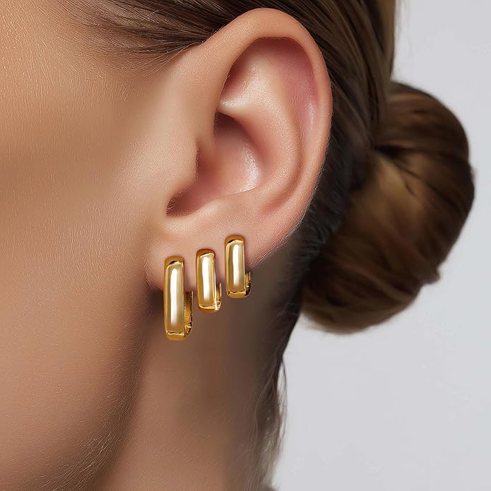 3Pairs Gold Hoop Earrings Set for Women, 14K Gold Plated Hypoallergenic Small Huggie Hoops Earrings for Women Trendy, Chunky Gold Earring Jewelry Gifts