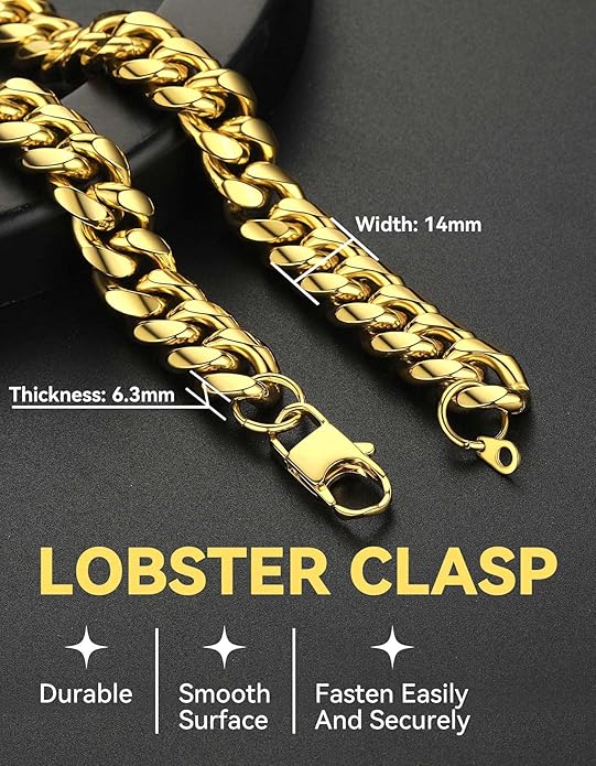 ChainsHouse Miami Cuban Link Chain Necklace for Men, 4.8mm/6mm/10mm/14mm Width, 14K Gold Plated/Stainless Steel/Black Mens Chunky Hip Hop Necklace Curb Chains, 14"-30" Length, Come Gift Box