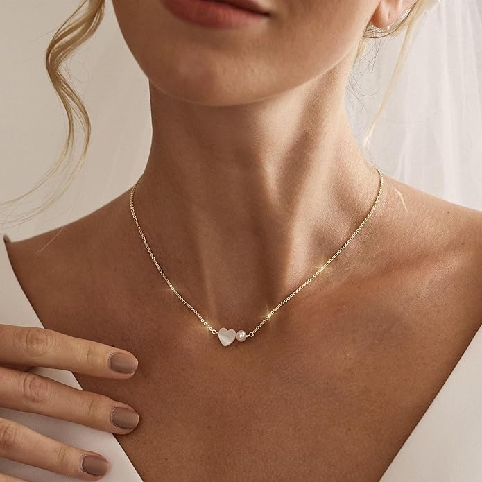 Pearl Necklace for Women Trendy,14k Gold Plated Necklace Dainty Wedding Necklace Small Cute Choker Necklace Beaded Lariat Drop Necklace Vintage Waterproof Jewelry for Women Gold Jewelry Fashion Gifts