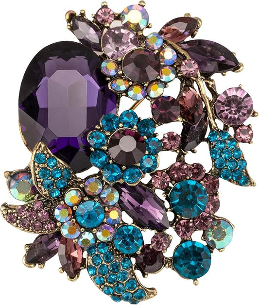 SELOVO Rhinestone Glitter Flower Brooch Pin Jewelry Scarf Accessory Vintage Gold Tone