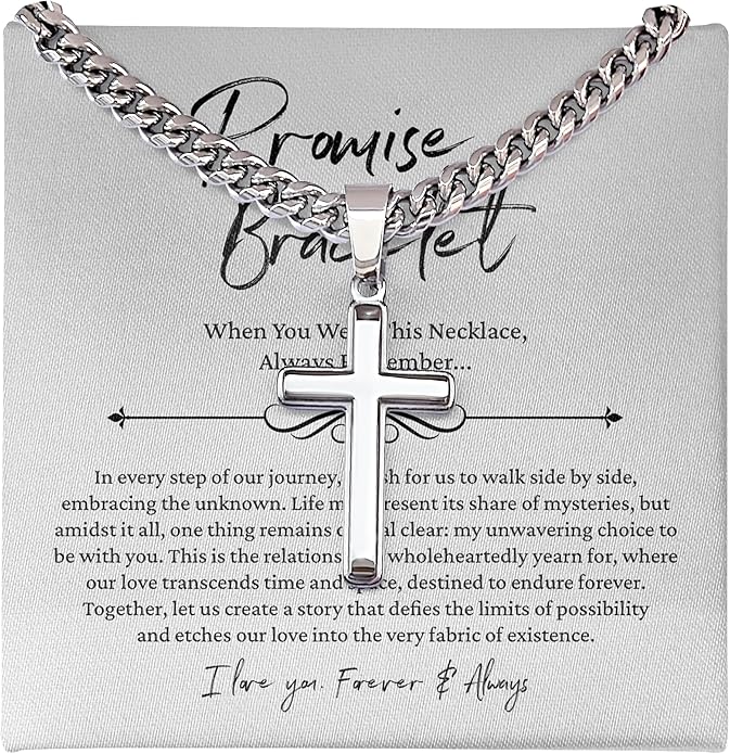 FLAGISTA Promise Cross Necklace for Him – Stainless Steel Cross Pendant with Cuban Link Chain, Meaningful Promise Gift for Husband, Boyfriend or Loved One.