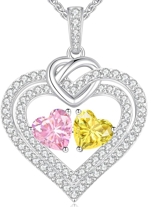 LOUISA SECRET Sparkling Double Heart Birthstone Necklaces for Women, 925 Sterling Silver Fine Jewelry, Pendant Heart Necklaces Birthday Anniversary Christmas Gift for Women Wife Mom Girlfriend Lady