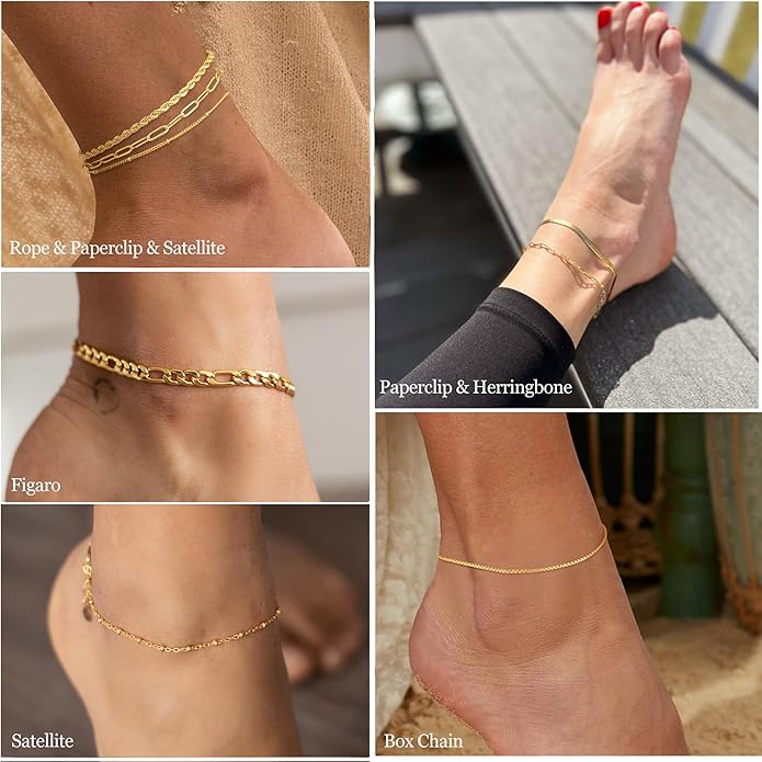 DEARMAY 14K Gold Plated Ankle Bracelets for Women Waterproof - Dainty 6Pcs Anklets Layered Cuban Link Chain Herringbone Cute Anklets Set Pack Summer Beach Jewelry Gift for Women Teen