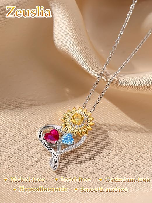 Zeuslia Double Birthstone Necklace Gifts for Wife - 925 Sterling Silver Sunflower/Rose/Crown Cross/Compass/Heart Pendant I Love You Necklace, Anniversary Birthday Gifts for Wife Girlfriend Mom Her