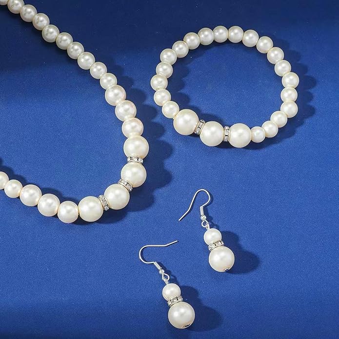 la luen Pearl Bride Wedding Jewelry Set Faux Pearls Crystal Rhinestone Necklace Earrings Bracelet Sets for Women Bridesmaid(3 PCS)