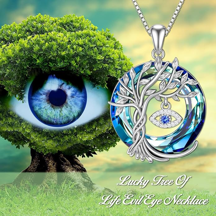 TOUPOP Evil Eye Necklace 925 Sterling Silver Tree of Life Circle Crystal Pendant Necklace Protection Jewelry Amulet Christmas Gifts for Women Her