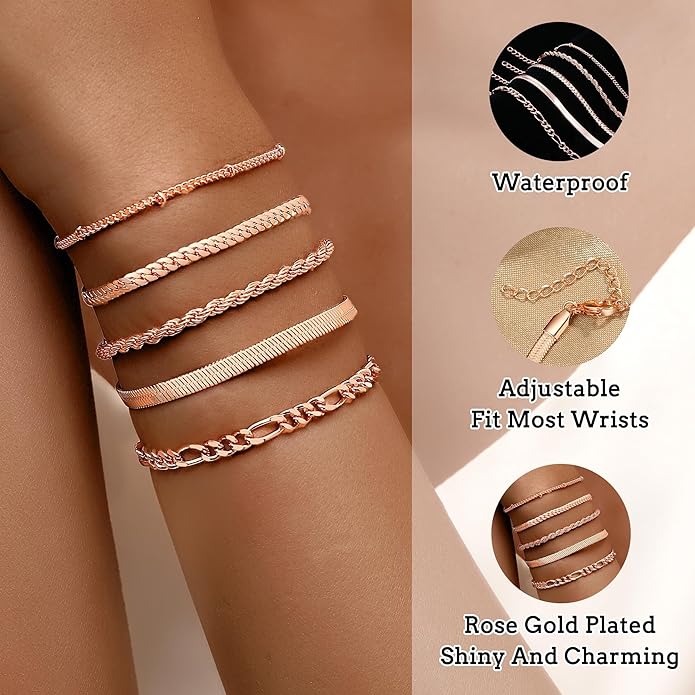 XIANNVXI Gold Plated Bracelets for Women Adjustable 14K Dainty Gold Bracelet Stack for Women Stackable Cuban Link Paperclip Chain Bracelet Set 5PCS Cute Trendy Bracelets for Present