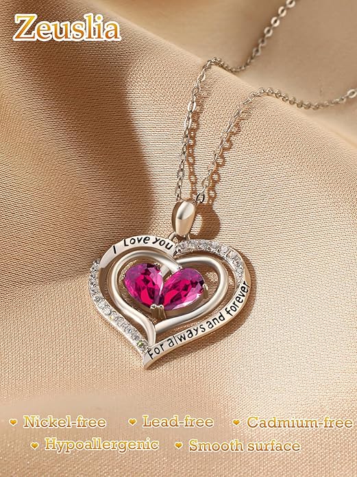 Zeuslia Double Birthstone Necklace Gifts for Wife - 925 Sterling Silver Sunflower/Rose/Crown Cross/Compass/Heart Pendant I Love You Necklace, Anniversary Birthday Gifts for Wife Girlfriend Mom Her
