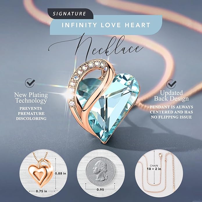 Leafael Rose Gold Plated Necklace for Women: Heart Shaped Birthstone/Healing Crystals Center, Dazzling Cubic Zirconia, Hypoallergenic Chain (18"+2"), Jewelry Gifts for Anniversaries and Birthdays