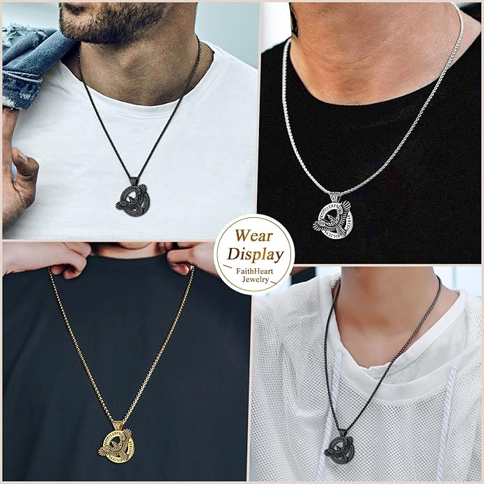 FaithHeart Viking Raven Necklace for Men, Norse Mythology Raven Skull Pendant Sturdy Stainless Steel Amulet Jewelry Gift for Men