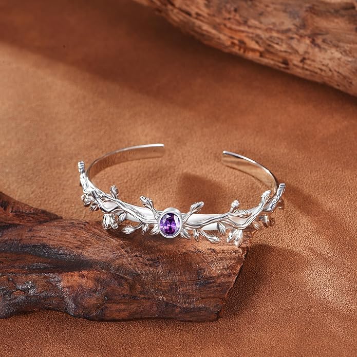 Amethyst Wild Vine Cuff Bracelet for Women, Sterling Silver Adjustable Bohemian Bangle, February Birthstone Gift for Her Purple Crystal Healing Jewelry