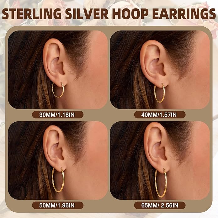 LOUMILEO 2mm Thin 925 Sterling Silver & 14k Gold Plated Hoop Earrings Large Silver Hoop Earrings Hypoallergenic Lightweight Hoops Earrings for Women 30/40/50/65MM