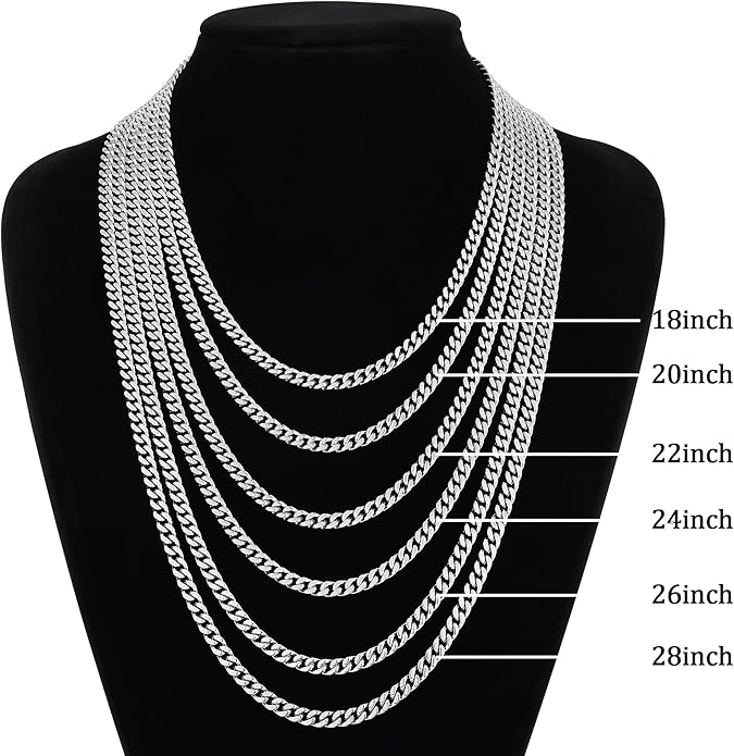 Fiusem Valentines Day Gifts for Him Silver Tone/Black/14K Gold Plated Chain Necklace for Men, 5mm/6mm/7.5mm/8mm/9mm Stainless Steel Cuban Link Chain Necklace, Men's Chains 18-28 Inch Jewelry Gifts
