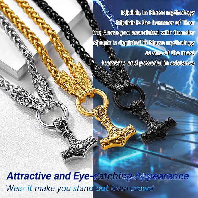 PROSTEEL Norse Viking Jewelry for Men Women, Vintage Thor Hammer/Thor Axe/Raven/Odin Necklace, 316L Stainless Steel Pendant Chain, Come with Box