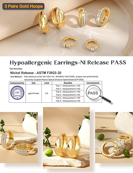 LOLIAS Small 14K Gold Plated Chunky Hoop Earrings for Women Hypoallergenic Silver Earrings Set for Sensitive Ears Non Tarnish Huggie Hoops Earring Stacks for Multiple Piercing Jewelry Lightweight 3Pairs