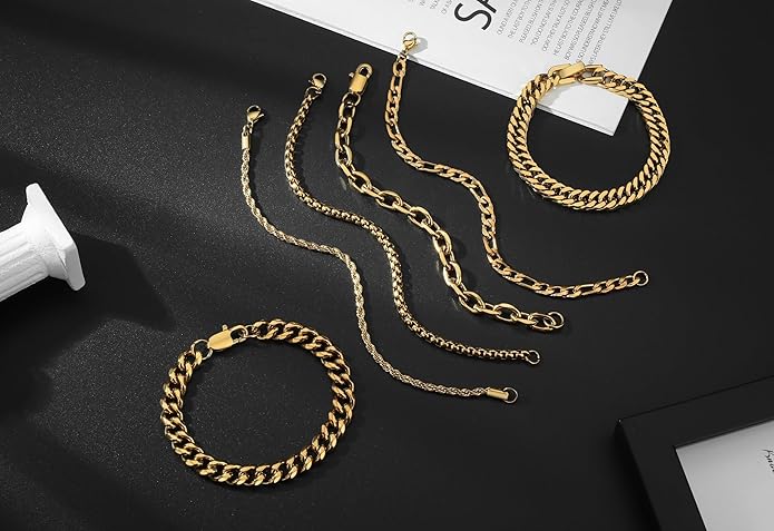 XIANNVXI 6pcs Stainless Steel Bracelets for Men Women Silver/Gold/Black Cuban Link Rope Paperclip Chain Bracelets Set 6.5/7/7.5/8.3/9 Inches Metal Bracelet Mens Fashion Accessories Jewelry Set