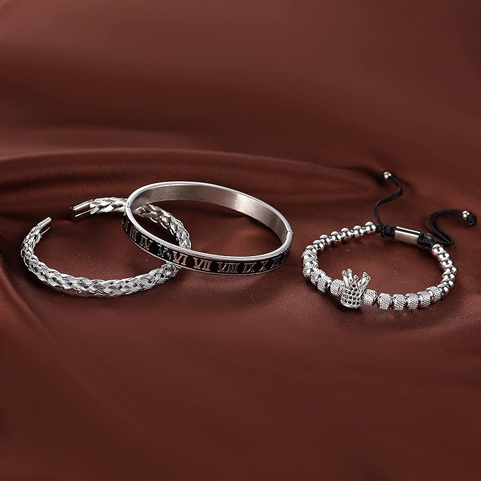 WFYOU 3PCS Stainless Steel Bracelets for Men Gold Roman Numeral Bangle Bracelet Twisted Cable Bracelet Adjustable Cuff Bracelet Mens Luxury Jewelry Bracelets Gifts