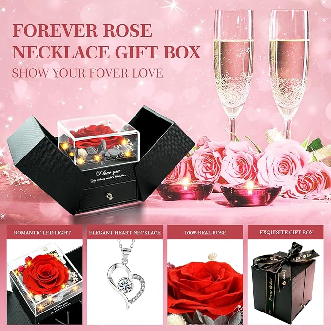 Preserved Real Roses with Heart Necklace I Love You in 100 Languages, Romantic Anniversary Christmas Valentines Day Gifts for Her Women Wife Girlfriend Mom, Forever Roses Necklace Gifts Red