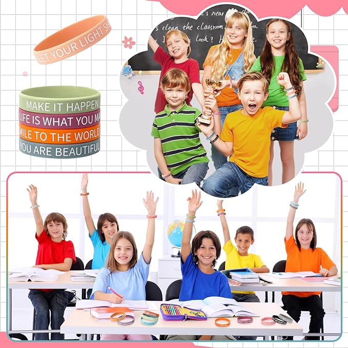 JUNEBRUSHS 64pcs Motivational Quote Silicone Bracelets Bulk Colored Inspirational Rubber Wristbands Unisex Accessories for Women Men Teens Teacher Home Office Party Favor Gifts Supplies (16 Designs)