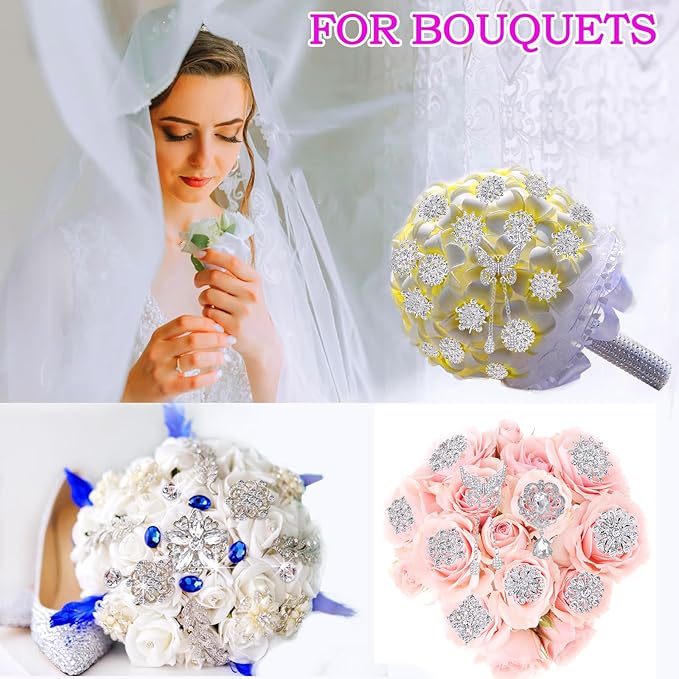 Yhsheen Silver Rhinestone Brooches Pin Kits Crystal Pearl Brooches for Bouquets for Wedding Decoration Accessories Jewelry Making Crafts(Sliver-14PCS)-D
