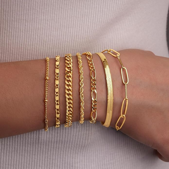 7PCS 14K Gold Plated Bracelets Sets for Women，Dainty Fashion Layered Cuban Link Chain Herringbone Paperclip Chain Bracelets Stack，Trendy Simple Stackable Gold Silver Bracelets Jewelry Gifts