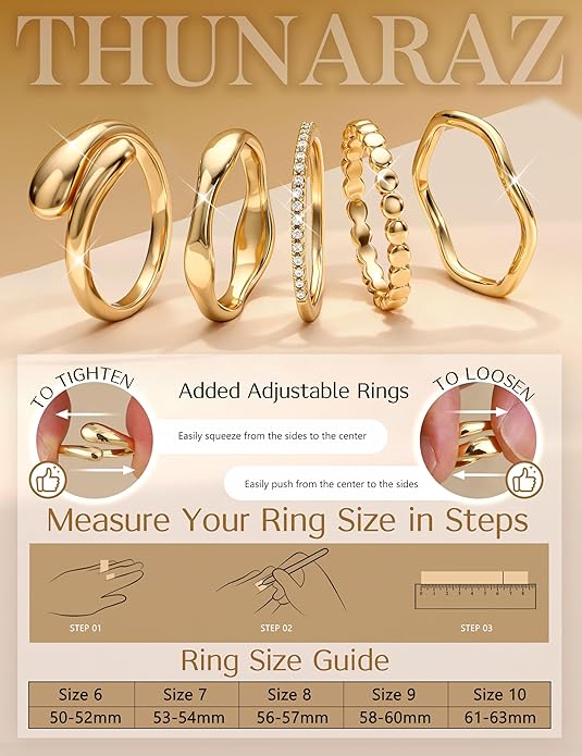 THUNARAZ 14K Gold Plated Rings for Women Non Tarnish Stackable Chunky Rings Cubic Zirconia Thumb Ring Set Dainty Trendy Statement Promise Wedding Bands Engagement Ring for Women Size 6-10