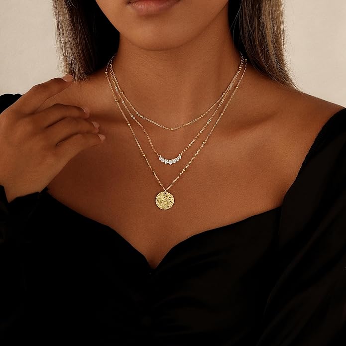 Layered Necklaces for Women 14K Gold Plated Stack Circle Pendant Trendy Long Chain Stackable Handmade Coin Necklace Set Dainty Gold Stacked Jewelry Gifts