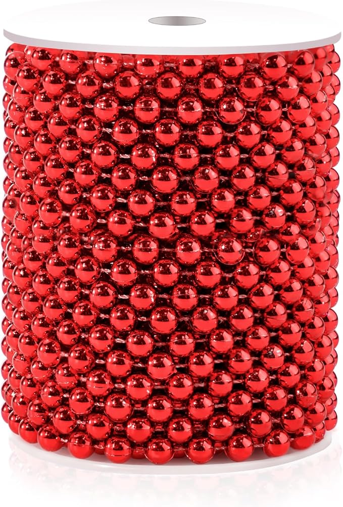 49 Feet Christmas Tree Beads Garland, 8mm Artificial Red Beaded Garland for Christmas Tree DIY, Faux Pearl Strings Bead Roll for Wreath, Wedding Party, Decoration