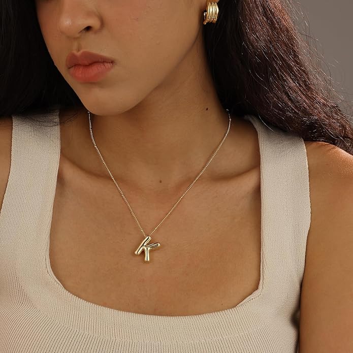 Initial Necklaces for Women, 14k Gold Plated Bubble Letter Necklace Chunky Gold Necklace Dainty Charm Initial Necklaces for Women Trendy Custom Preppy Stocking Stuff Necklace Christmas Gifts
