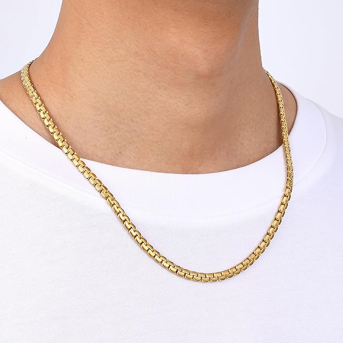 Fiusem Flat Box Chains for Men, 14k Gold Plated Stainless Steel Chain Necklace, 2.5/3/4/4.5/5mm Necklaces for Men and Women 16-28 Inch