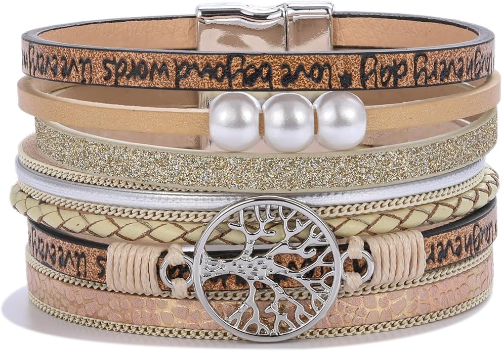 FANCY SHINY Tree of Life Leather Wrap Bracelet Inspirational Cuff Bangles Boho Pearl Bracelets with Magnetic Clasp Unique Jewelry Gifts for Women