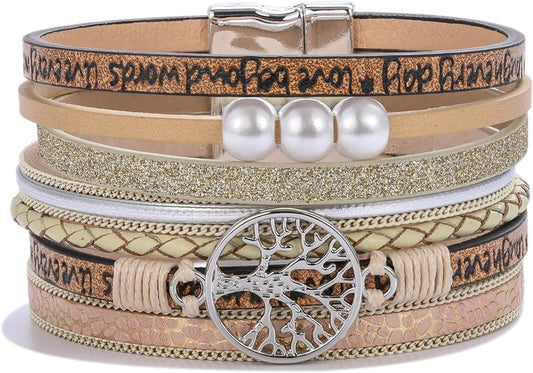 FANCY SHINY Tree of Life Leather Wrap Bracelet Inspirational Cuff Bangles Boho Pearl Bracelets with Magnetic Clasp Unique Jewelry Gifts for Women