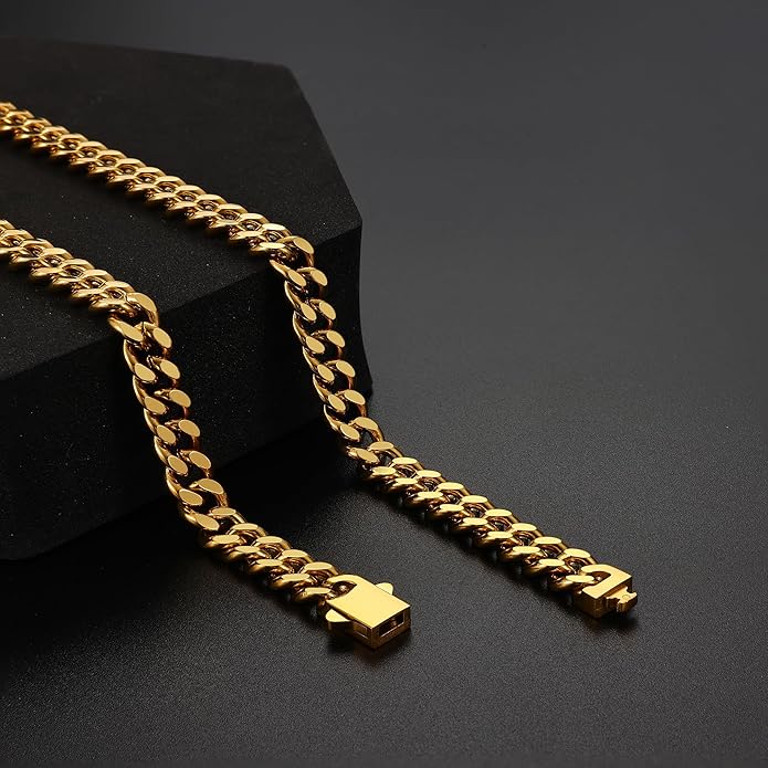 Fiusem Valentines Day Gifts for Him Silver Tone/Black/14K Gold Plated Chain Necklace for Men, 5mm/6mm/7.5mm/8mm/9mm Stainless Steel Cuban Link Chain Necklace, Men's Chains 18-28 Inch Jewelry Gifts