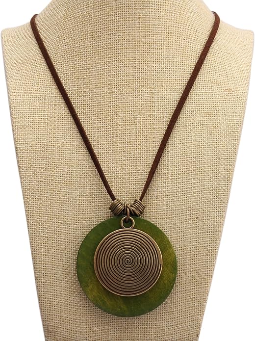 Long Boho Necklaces for Women Vintage Leather Wooden Pendant Y Choker Ethnic Style Gold Circle Hippie Sweater Necklace