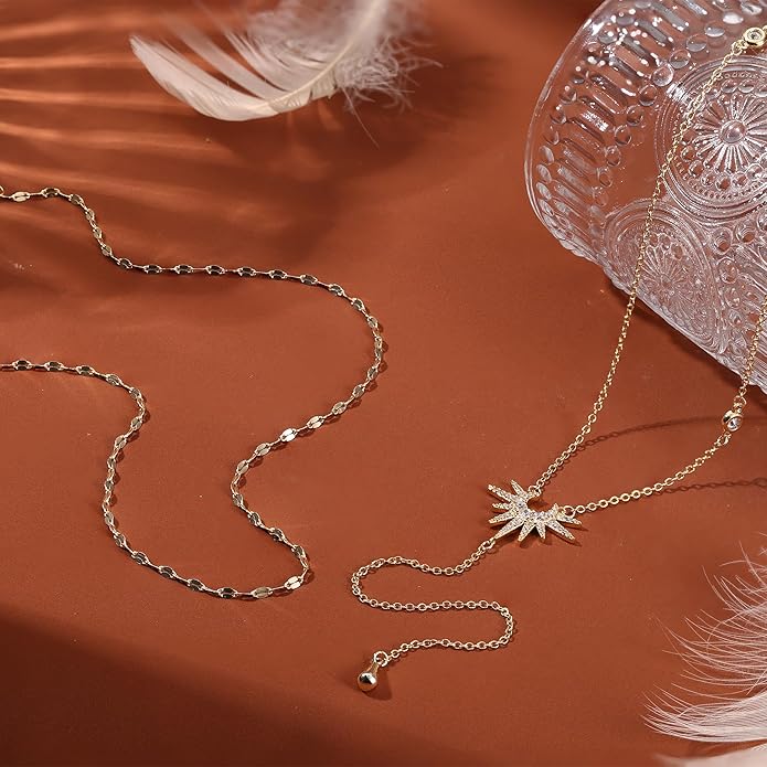 Dochais Dainty Gold Layered Necklace for Women, 14K Gold Plated Y Necklace & Chain, Dainty Lariat Long Necklaces, Trendy Cubic Zirconia Choker, Sun, Heart, Pearl & Cross Pendant Necklace, Jewelry Gift