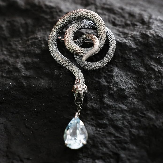 Snake Brooch with Aquamarine Crystal | Gothic Fashion Jewelry Pin | Vintage Style Statement Accessory for Women & Men