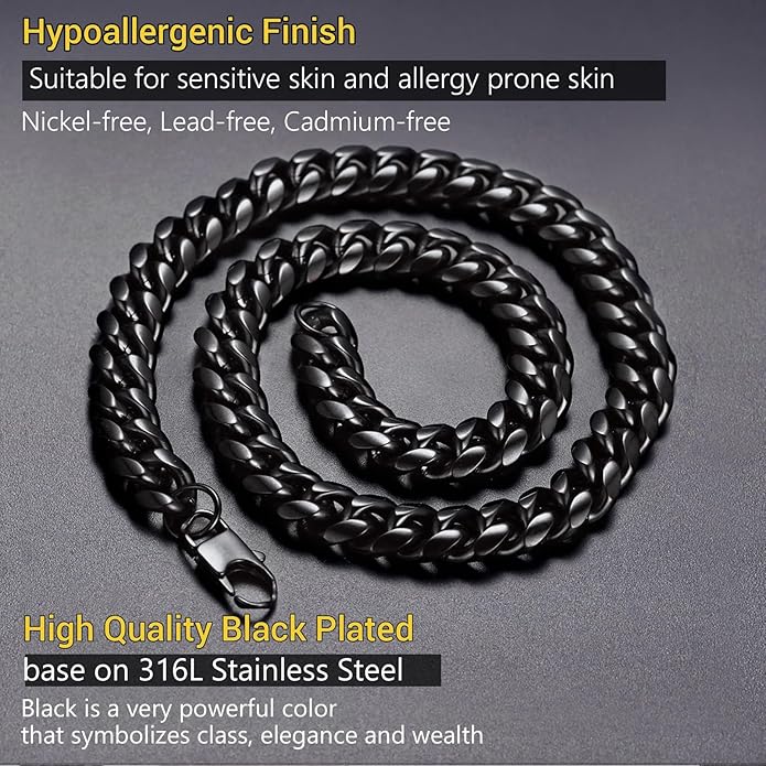 PROSTEEL 316L Stainless Steel Figaro Cuban Chain Necklace for Men, Black/18K Real Gold Plated, 4/5/6/7.5/9/10/13mm, 14inch-30inch, Come with Box