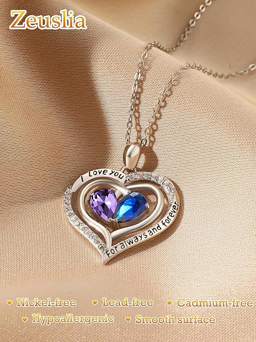 Zeuslia Double Birthstone Necklace Gifts for Wife - 925 Sterling Silver Sunflower/Rose/Crown Cross/Compass/Heart Pendant I Love You Necklace, Anniversary Birthday Gifts for Wife Girlfriend Mom Her