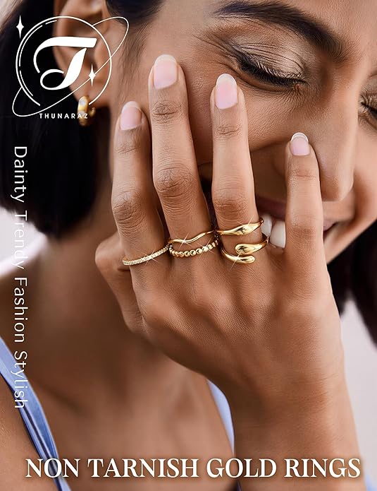 THUNARAZ 14K Gold Plated Rings for Women Non Tarnish Stackable Chunky Rings Cubic Zirconia Thumb Ring Set Dainty Trendy Statement Promise Wedding Bands Engagement Ring for Women Size 6-10