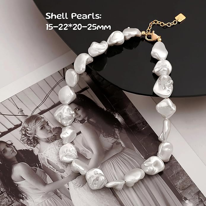 Chunky Statement Stone Beaded Necklace, Big Baroque Pearl Gold Choker, Trendy Boho Colorful Stone Jewelry