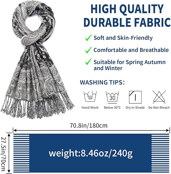 QIUTIMIY Paisley Pashmina Shawl Wrap Women Reversible Vintage Jacquard Pashmina Rave Scarf with Fringe for Evening, Wedding